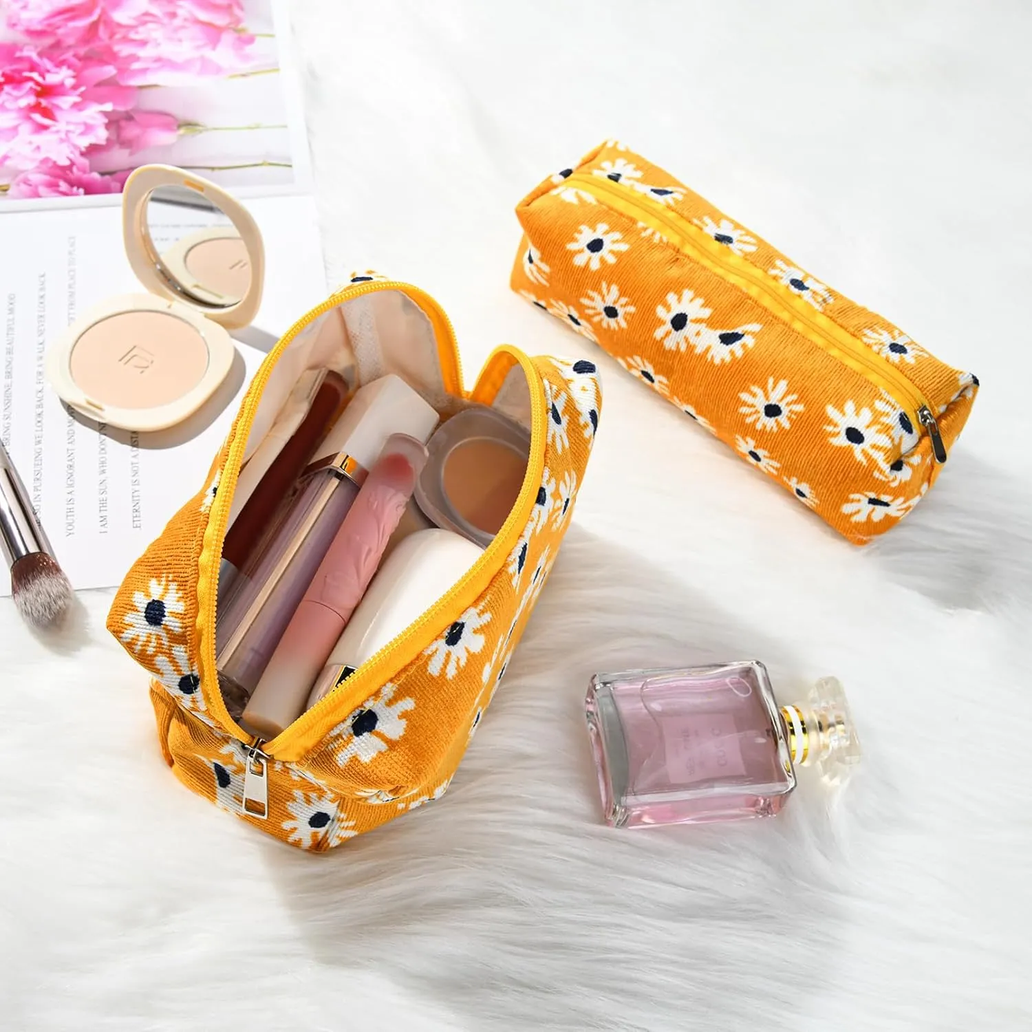 Makeup Bag Floral Cosmetic Bag Cute Makeup Pouch 1Pcs Large Capacity Makeup Bags and 1Pcs Makeup Brushes Storage Bag Travel Toiletry Bag Organizer