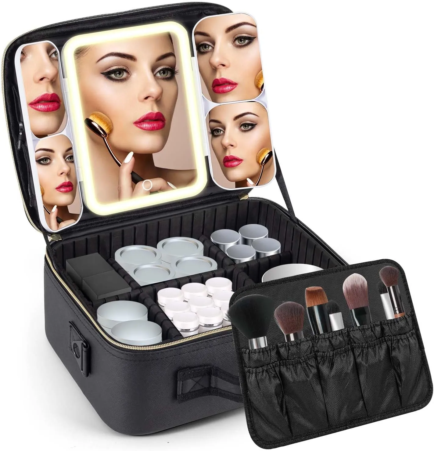 Makeup Bag with LED 1X5X10X20X30X Magnifying Mirror and Travel Makeup Train Case Cosmetic Organiser with LED Mirror and Separate Makeup Brush Panel, Portable Adjustable Divider Storage Bag, Black
