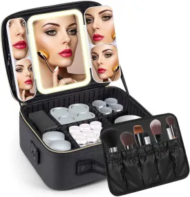 Makeup Bag with LED 1X5X10X20X30X Magnifying Mirror and Travel Makeup Train Case Cosmetic Organiser with LED Mirror and Separate Makeup Brush Panel, Portable Adjustable Divider Storage Bag, Black
