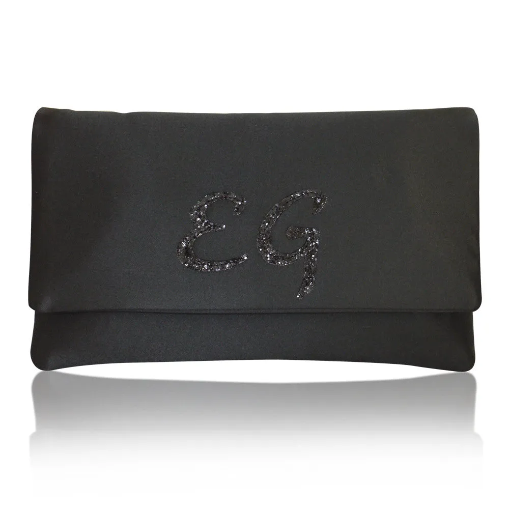 Monogram glitter initial satin large clutch handbag
