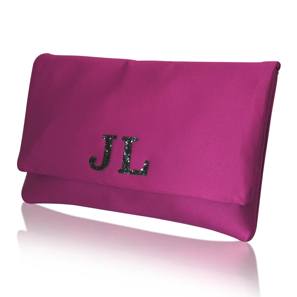 Monogram glitter initial satin large clutch handbag