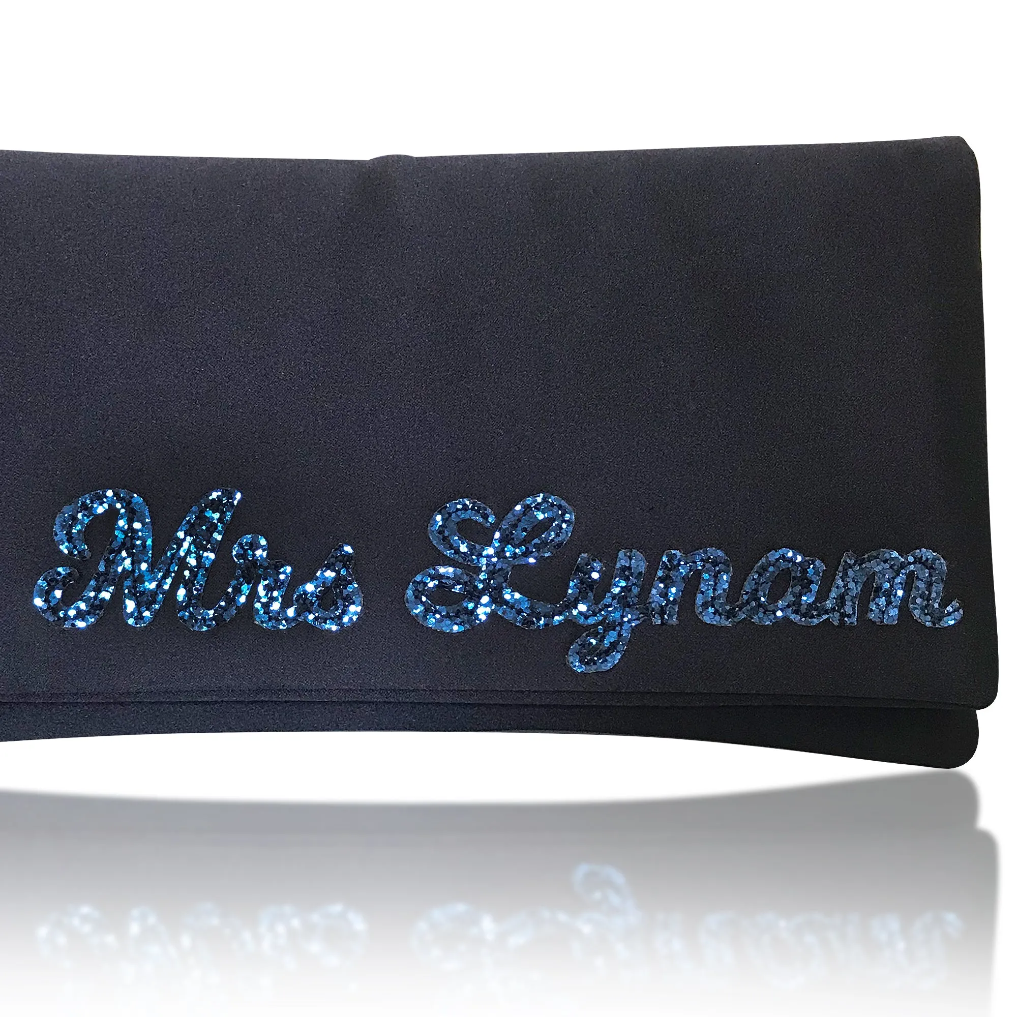 Navy satin MRS surname bridal clutch handbag for wedding day