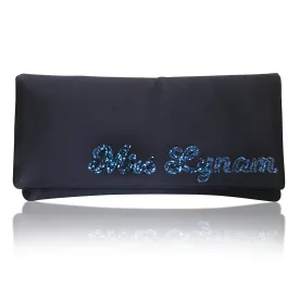 Navy satin MRS surname bridal clutch handbag for wedding day