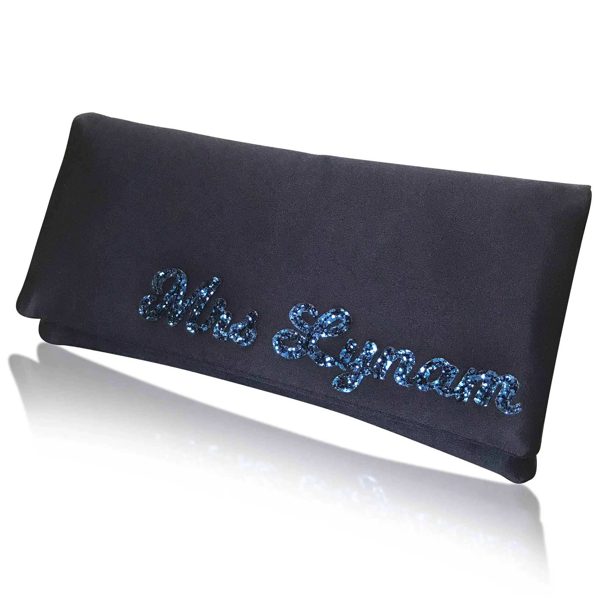 Navy satin MRS surname bridal clutch handbag for wedding day