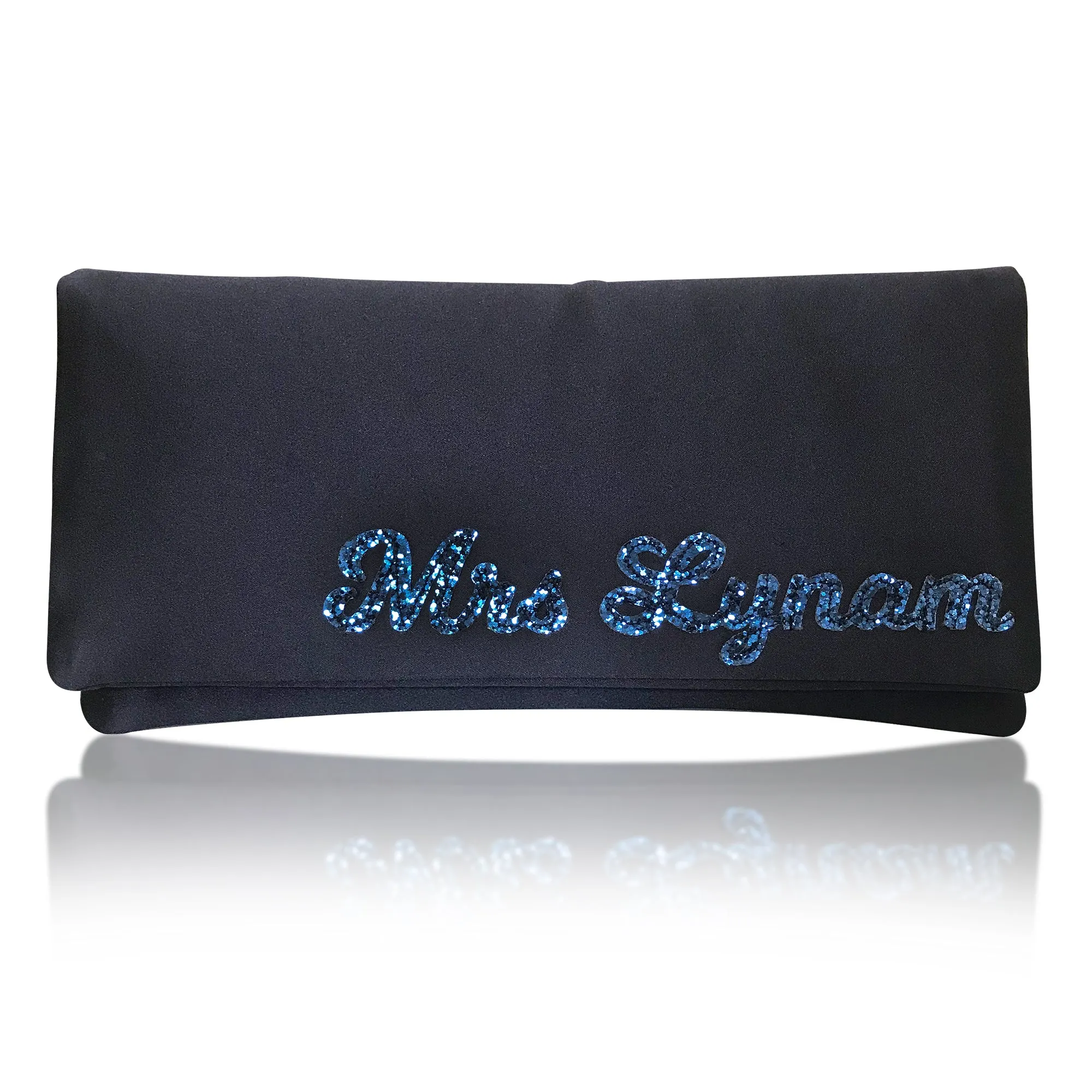 Navy satin MRS surname bridal clutch handbag for wedding day