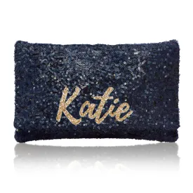 Navy sequin personalised name clutch