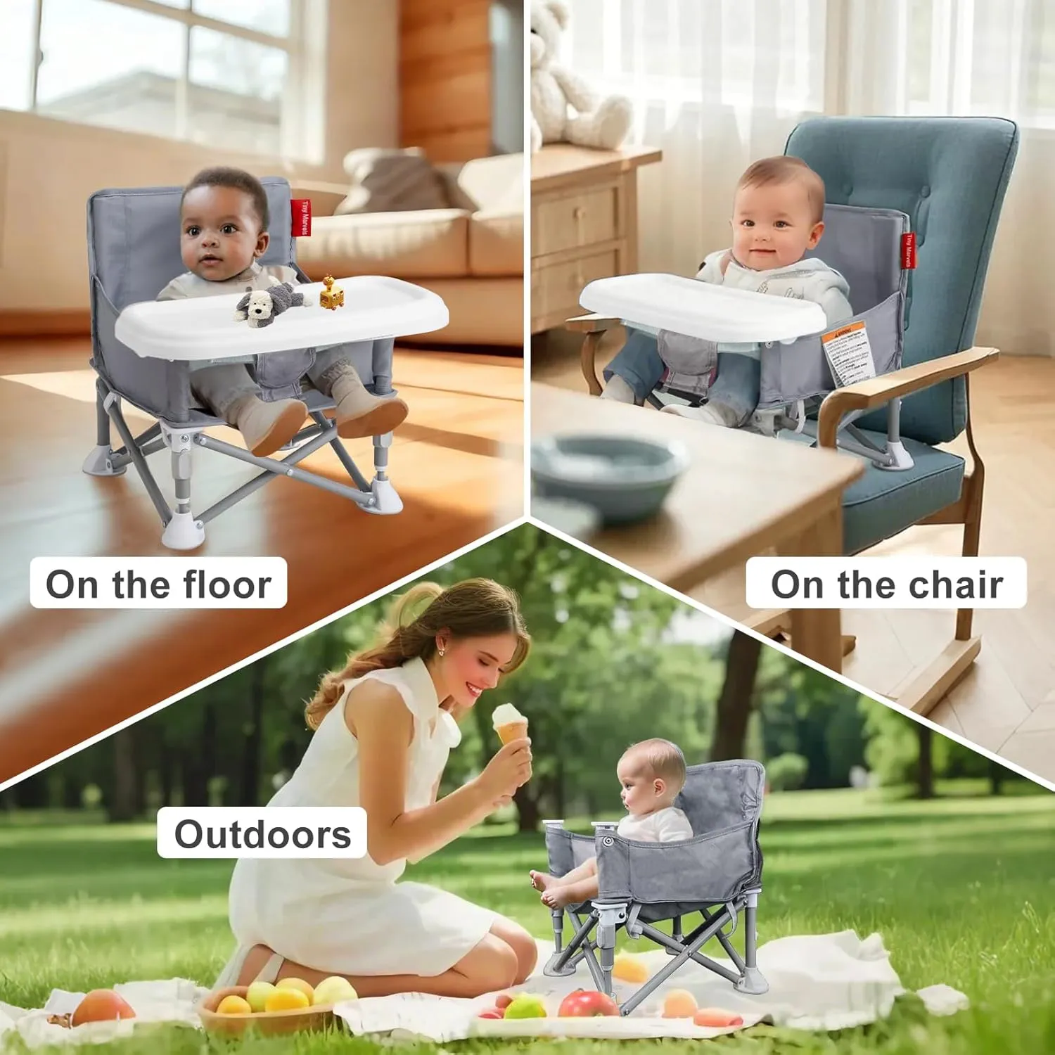 Portable 3-in-1 Baby Booster Seat  Cozy Floor Seat, Feeding Seat with Tray, Toddler Booster  Compact, Foldable, Safe with Child Safety Belt Carry Bag  Perfect for Travel & Family Time