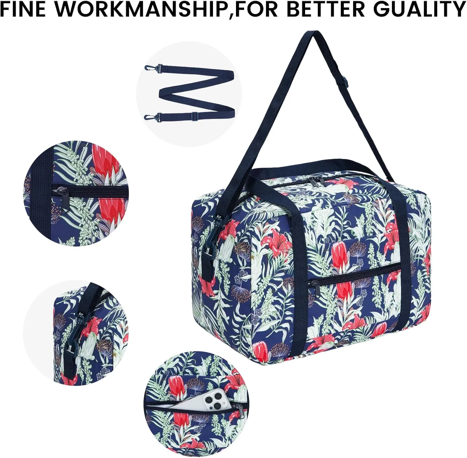 Small Cabin Bag 40x20x25 for Ryanair Airlines Foldable Underseat Travel Bag with Shoulder Strap Lightweight Weekender Duffel Holdall Hand Luggage Bag 20L (Floral Blue)