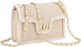 Small Women Straw Shoulder Bag, Summer Crossbody Bag Beach Purse with Pearls Decor for Vacation