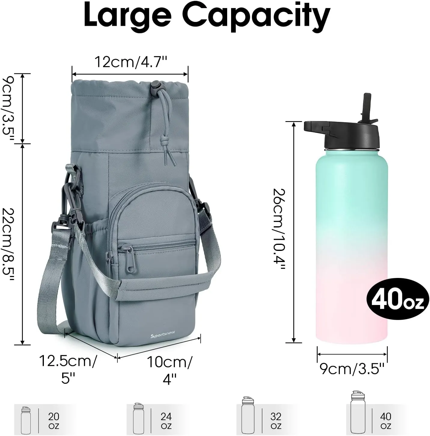 sportsnew Water Bottle Holder with Strap 32oz 40oz Insulated Water Bottle Carrier Sling Bag with Phone Pocket Crossbody
