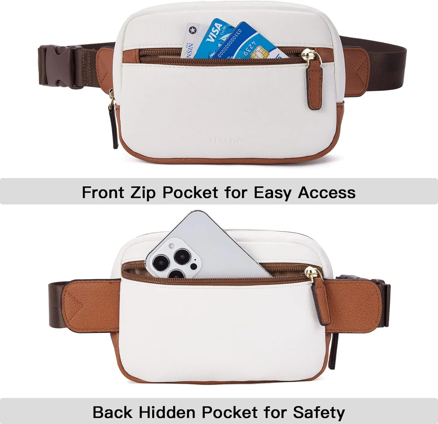 Telena Belt Bag for Women PU Leather Fanny Pack Crossbody Bags for Women Waist Bag with Adjustable Strap, Beige Brown