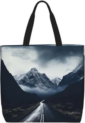 Tote Bag for Women Dark road to mountains Shoulder Bag with Zipper Handbag Large Capacity Reusable Grocery Bag