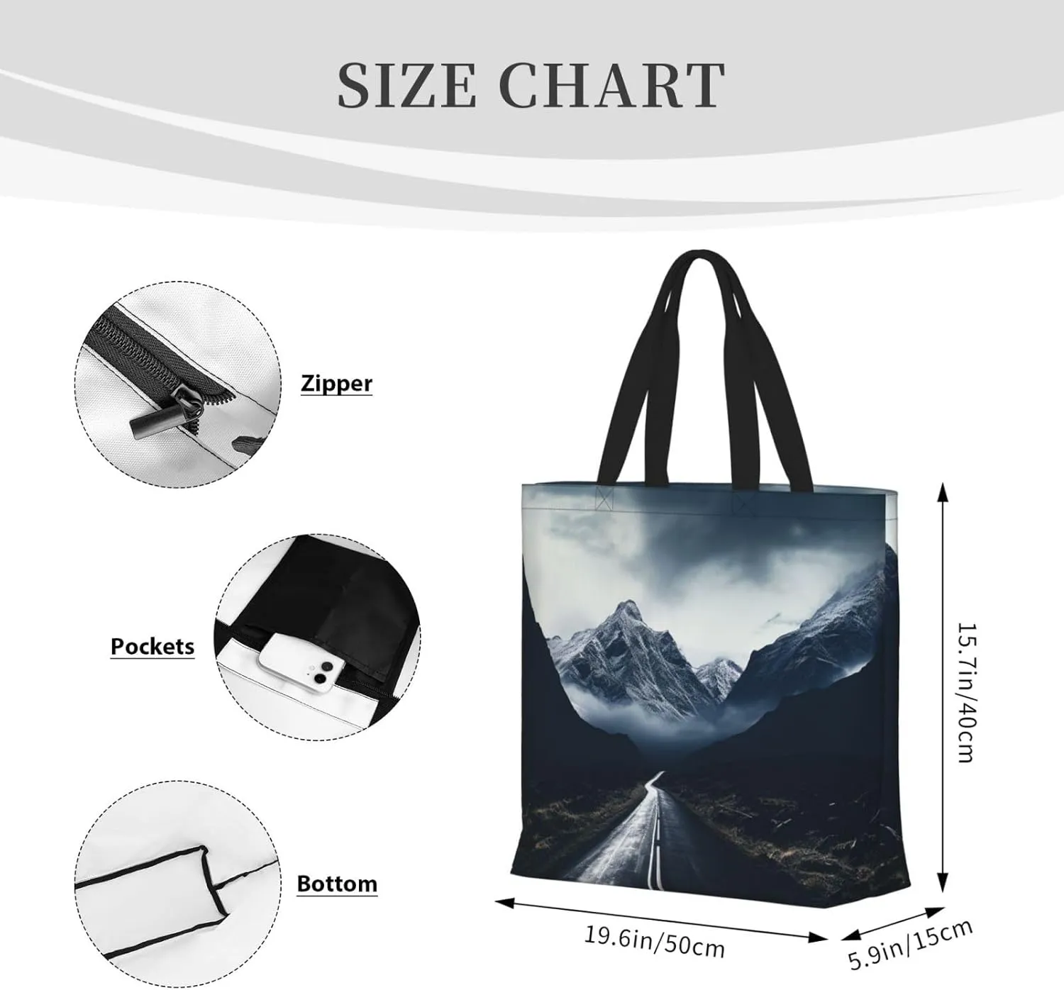 Tote Bag for Women Dark road to mountains Shoulder Bag with Zipper Handbag Large Capacity Reusable Grocery Bag