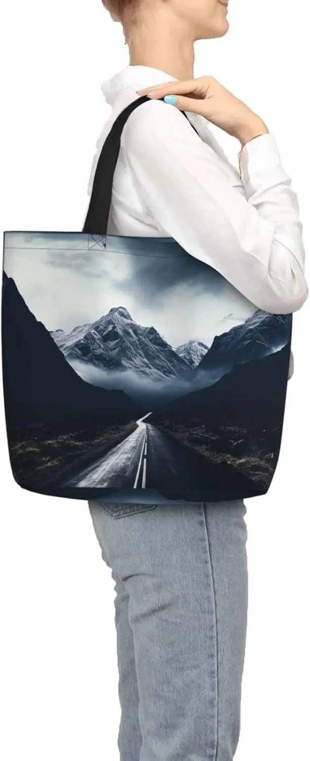 Tote Bag for Women Dark road to mountains Shoulder Bag with Zipper Handbag Large Capacity Reusable Grocery Bag