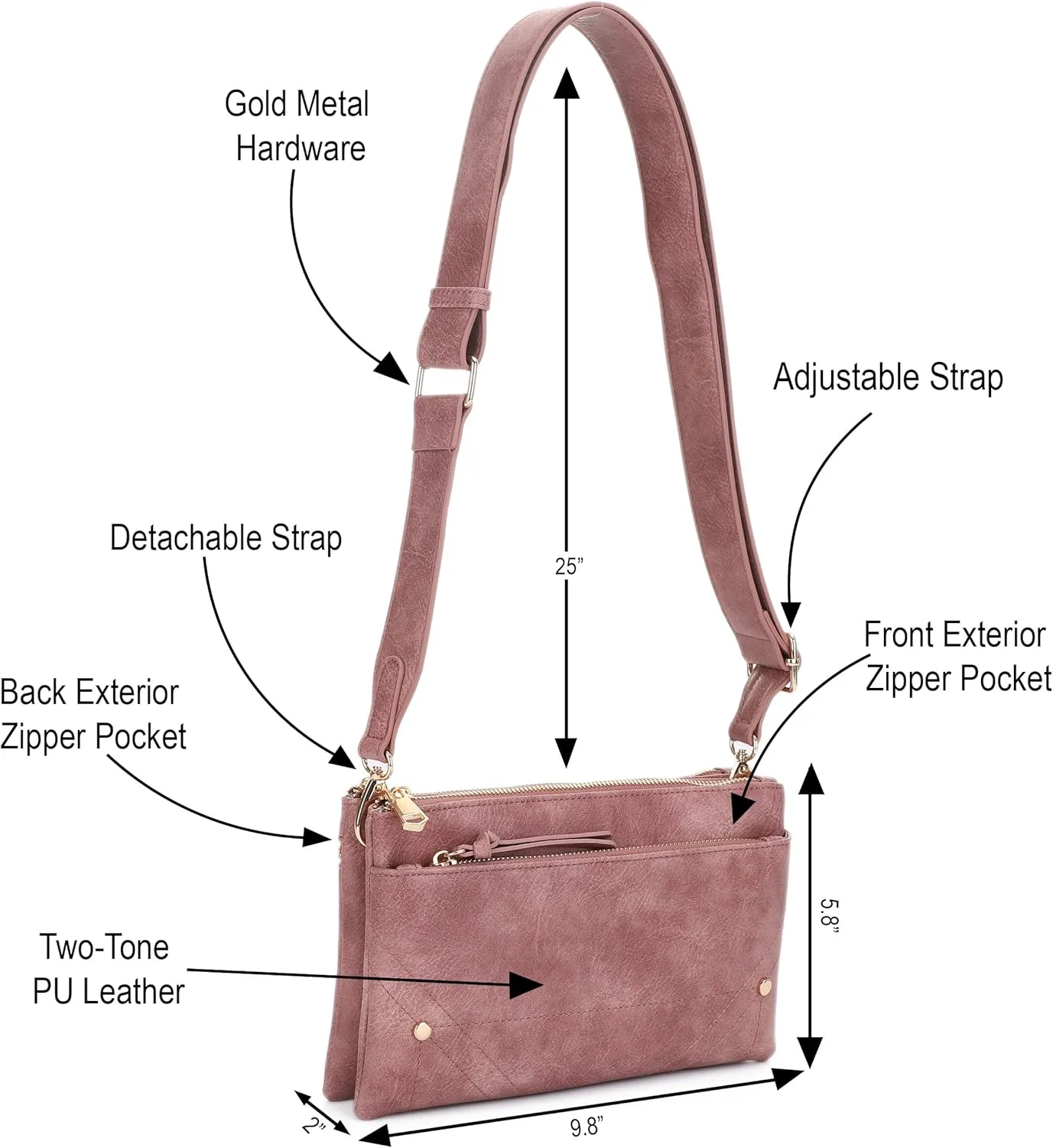Two-Tone Multi-Compartment Crossbody Bag with Adjustable Detachable Strap, Gold Hardware, and Stitched Detailing