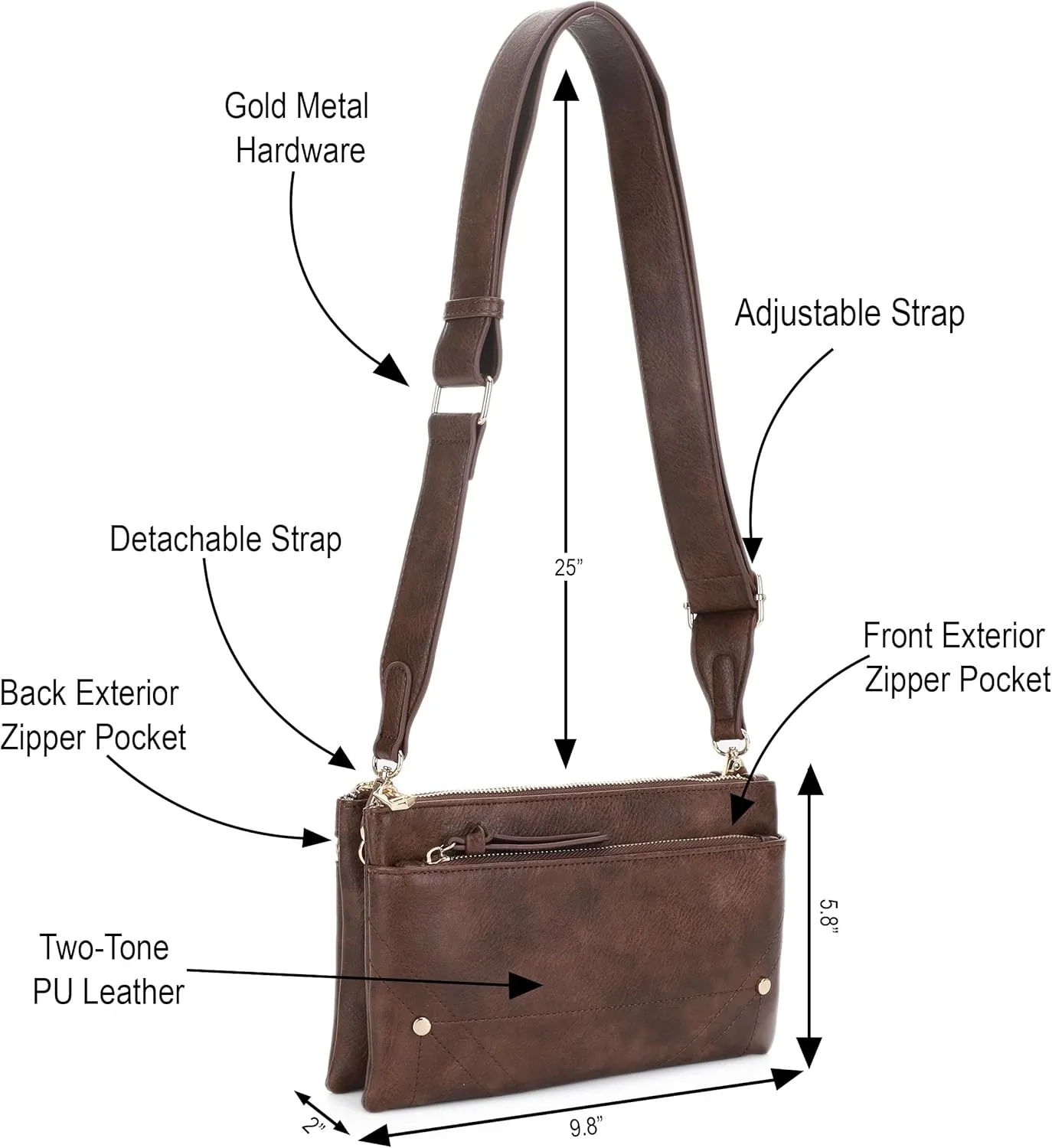 Two-Tone Multi-Compartment Crossbody Bag with Adjustable Detachable Strap, Gold Hardware, and Stitched Detailing