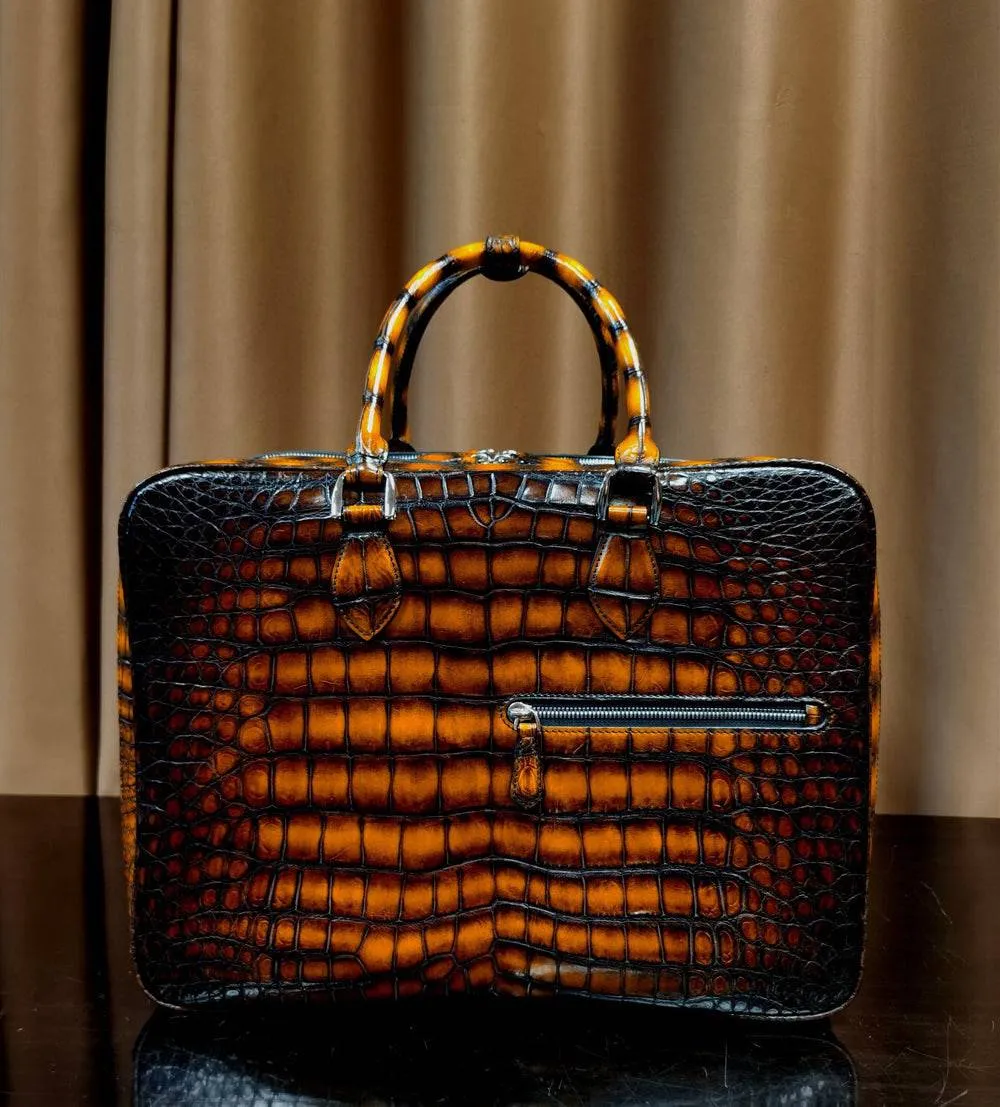 Unisex Vintage Brown Crocodile Leather Jumbo Size Briefcase