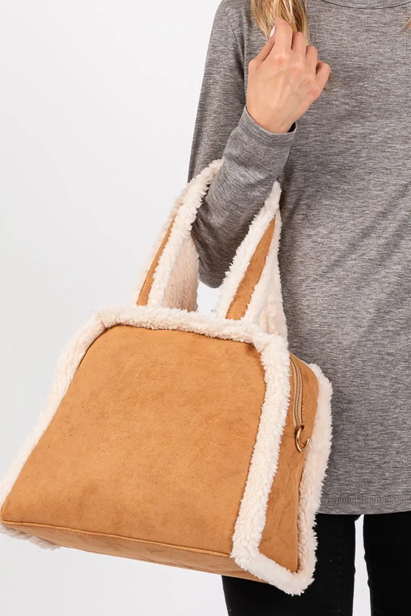 Winter Moonlight Sherpa Trimmed Camel Tote