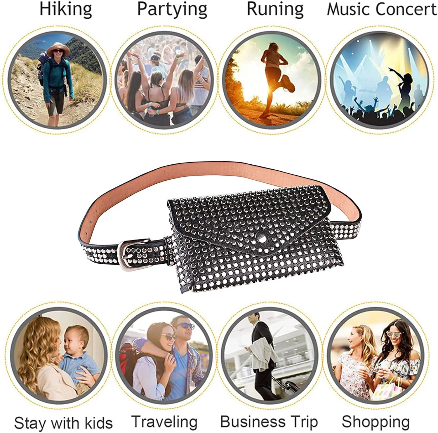 Women Punk Rivet PU Leather Fanny Pack Waist Bag Envelope Flap Clutch Cell Phone Purse