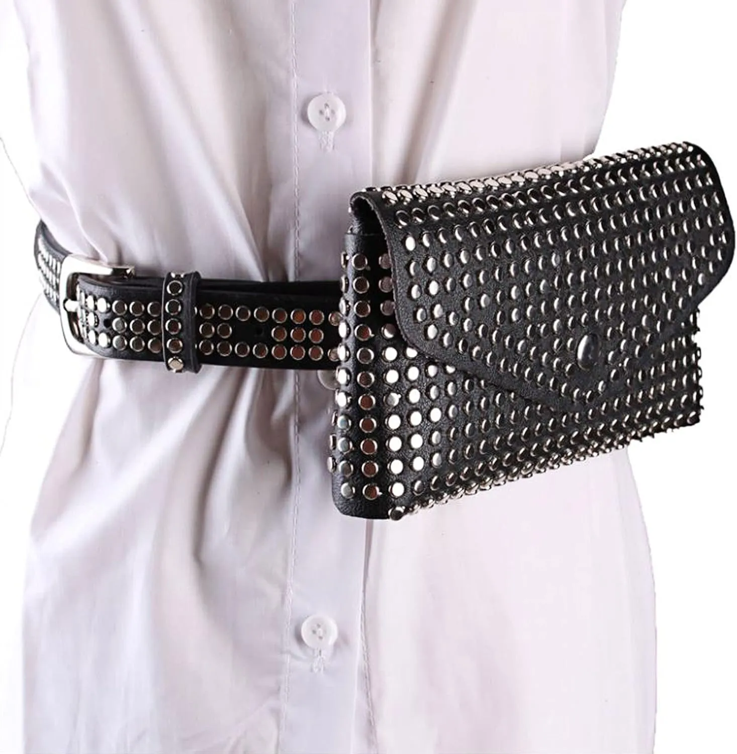 Women Punk Rivet PU Leather Fanny Pack Waist Bag Envelope Flap Clutch Cell Phone Purse