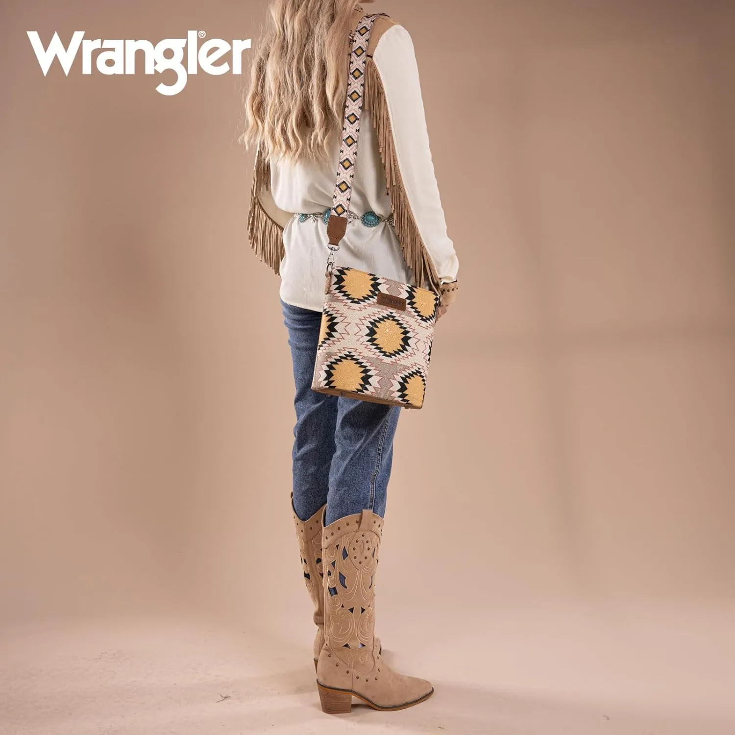 Wrangler Aztec Crossbody Bag for Women Southwestern Print Canvas Shoulder Purse with Distressed Look and Adjustable Strap