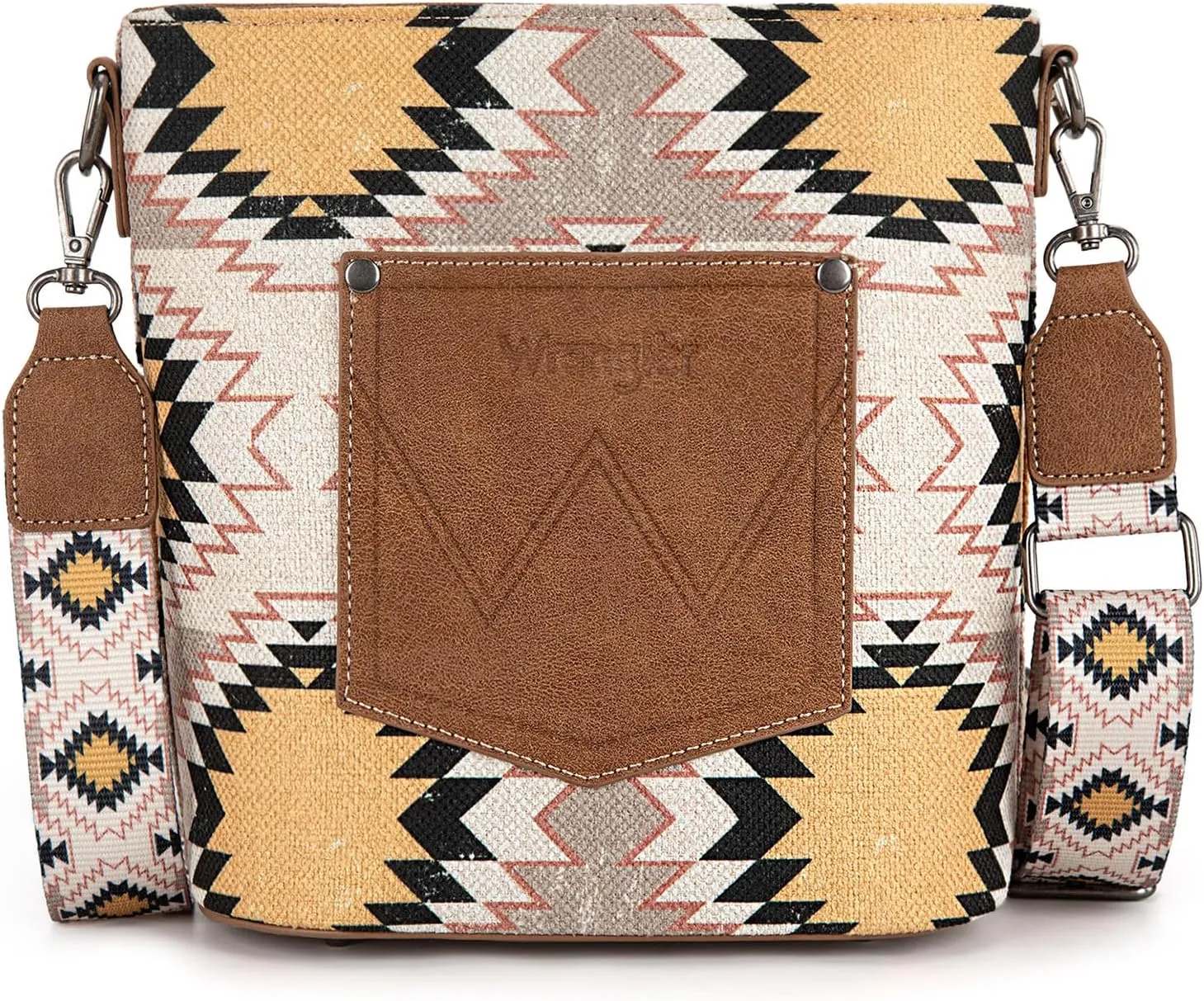 Wrangler Aztec Crossbody Bag for Women Southwestern Print Canvas Shoulder Purse with Distressed Look and Adjustable Strap