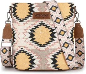 Wrangler Aztec Crossbody Bag for Women Southwestern Print Canvas Shoulder Purse with Distressed Look and Adjustable Strap