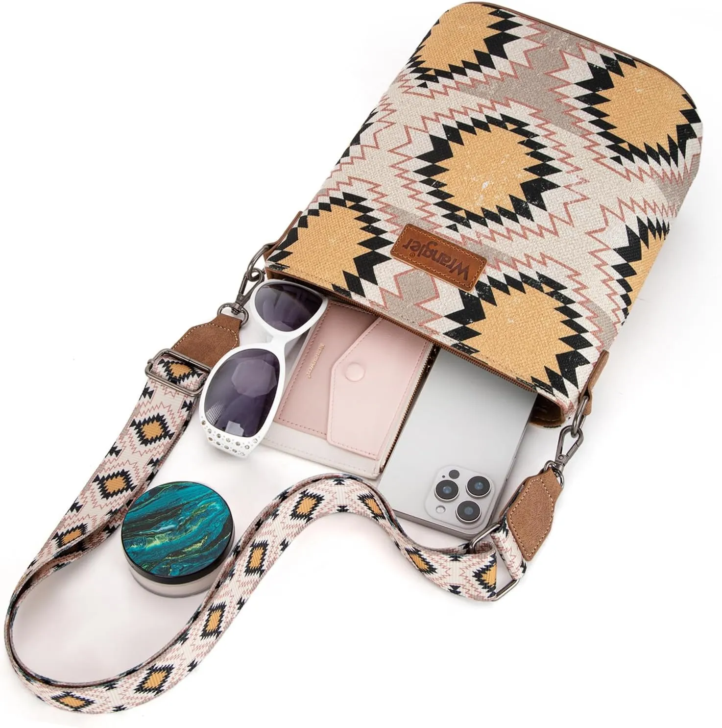Wrangler Aztec Crossbody Bag for Women Southwestern Print Canvas Shoulder Purse with Distressed Look and Adjustable Strap